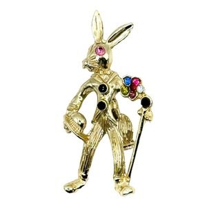 Vintage Gold Tone Rabbit Brooch Easter‎ Bunny with Basket & Rhinestones Man